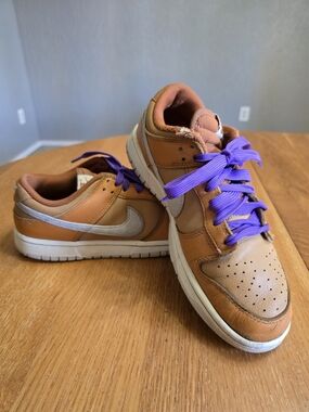 Nike Dunk Low Tan Leather Sneakers with Purple Laces